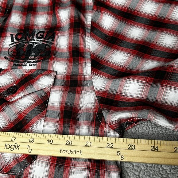 Dixxon Shirt Mens Large Red Black Plaid Hollywood IOMGIA Short Sleeve Button Up - Picture 10 of 13